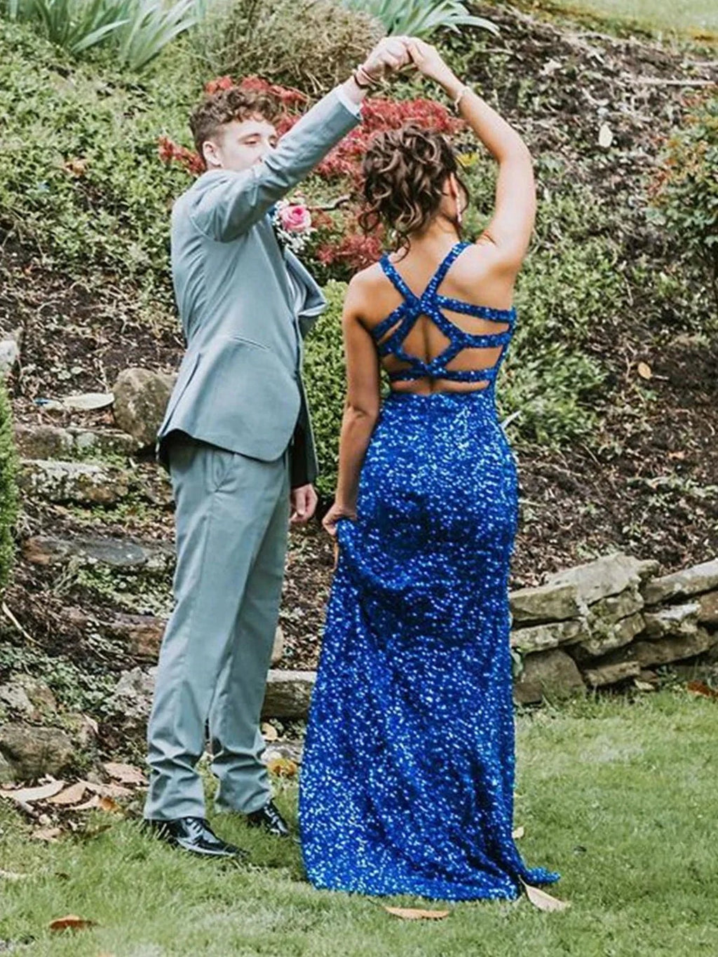 Long Mermaid V-neck Sequined Backless Prom Dress with Slit Blue Formal Evening Gowns by BIZTUNNEL