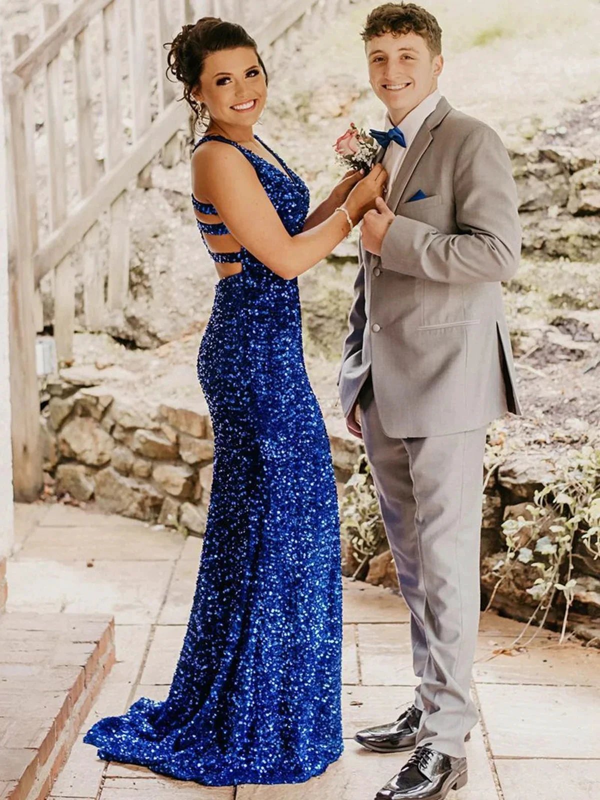 Long Mermaid V-neck Sequined Backless Prom Dress with Slit Blue Formal Evening Gowns by BIZTUNNEL