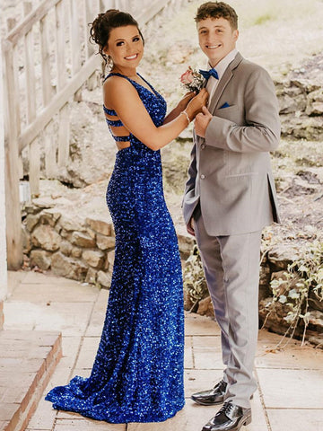 Long Mermaid V-neck Sequined Backless Prom Dress with Slit Blue Formal Evening Gowns