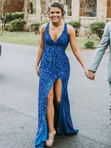 Long Mermaid V-neck Sequined Backless Prom Dress with Slit Blue Formal Evening Gowns