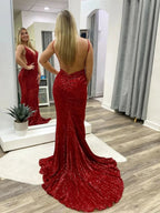 Long Mermaid V-neck Sequined Open Back Prom Dress Burgundy Formal Evening Gowns by BIZTUNNEL