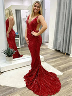 Long Mermaid V-neck Sequined Open Back Prom Dress Burgundy Formal Evening Gowns by BIZTUNNEL