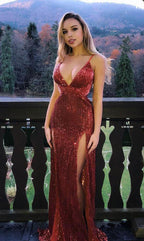 Long Mermaid V-neck Sequined Prom Dress with Slit by BIZTUNNEL