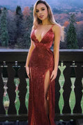 Long Mermaid V-neck Sequined Prom Dress with Slit by BIZTUNNEL
