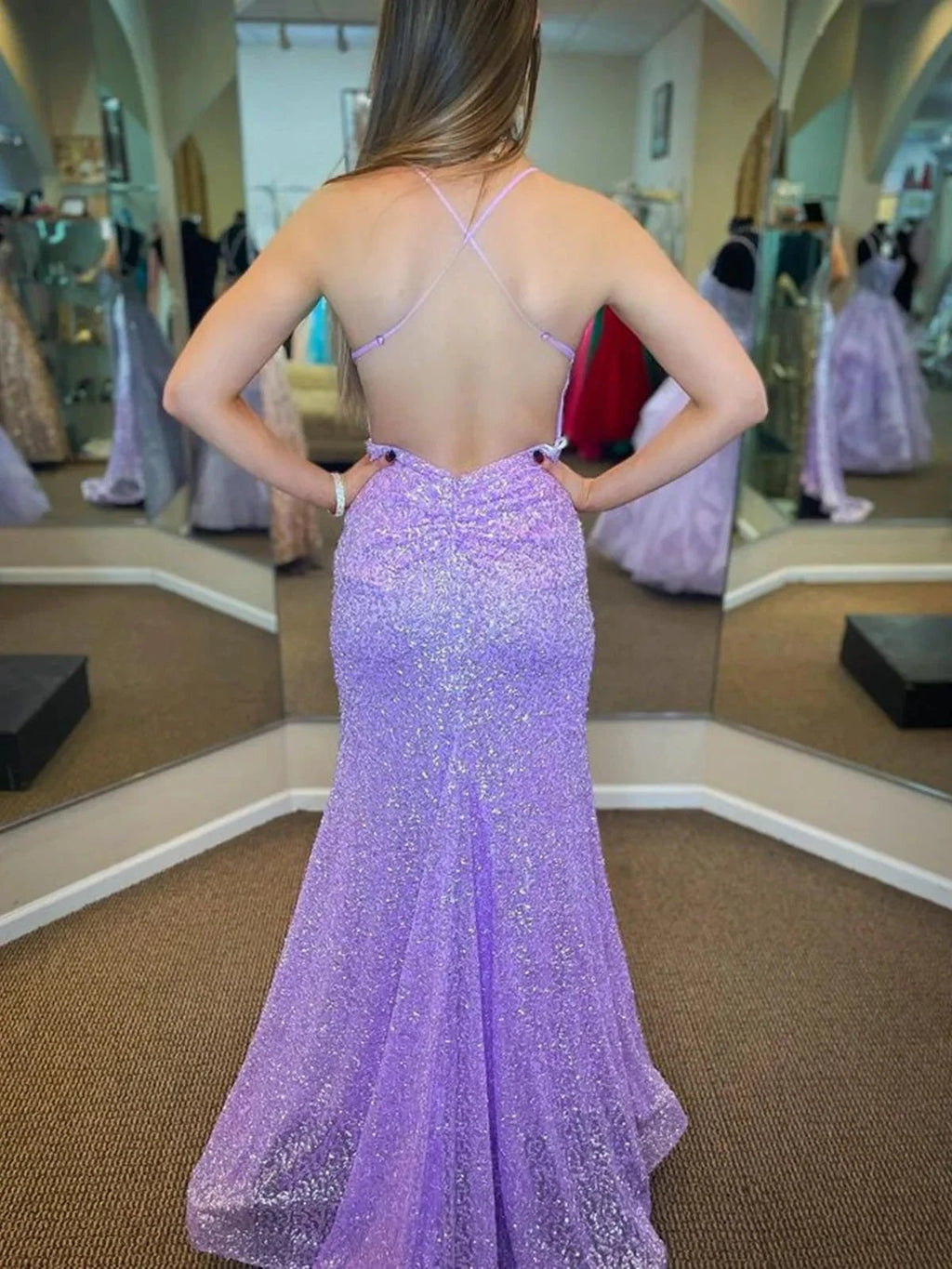 Long Mermaid V-neck Sequins Backless Prom Dress Lilac Formal Evening Dresses by BIZTUNNEL
