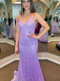 Long Mermaid V-neck Sequins Backless Prom Dress Lilac Formal Evening Dresses by BIZTUNNEL
