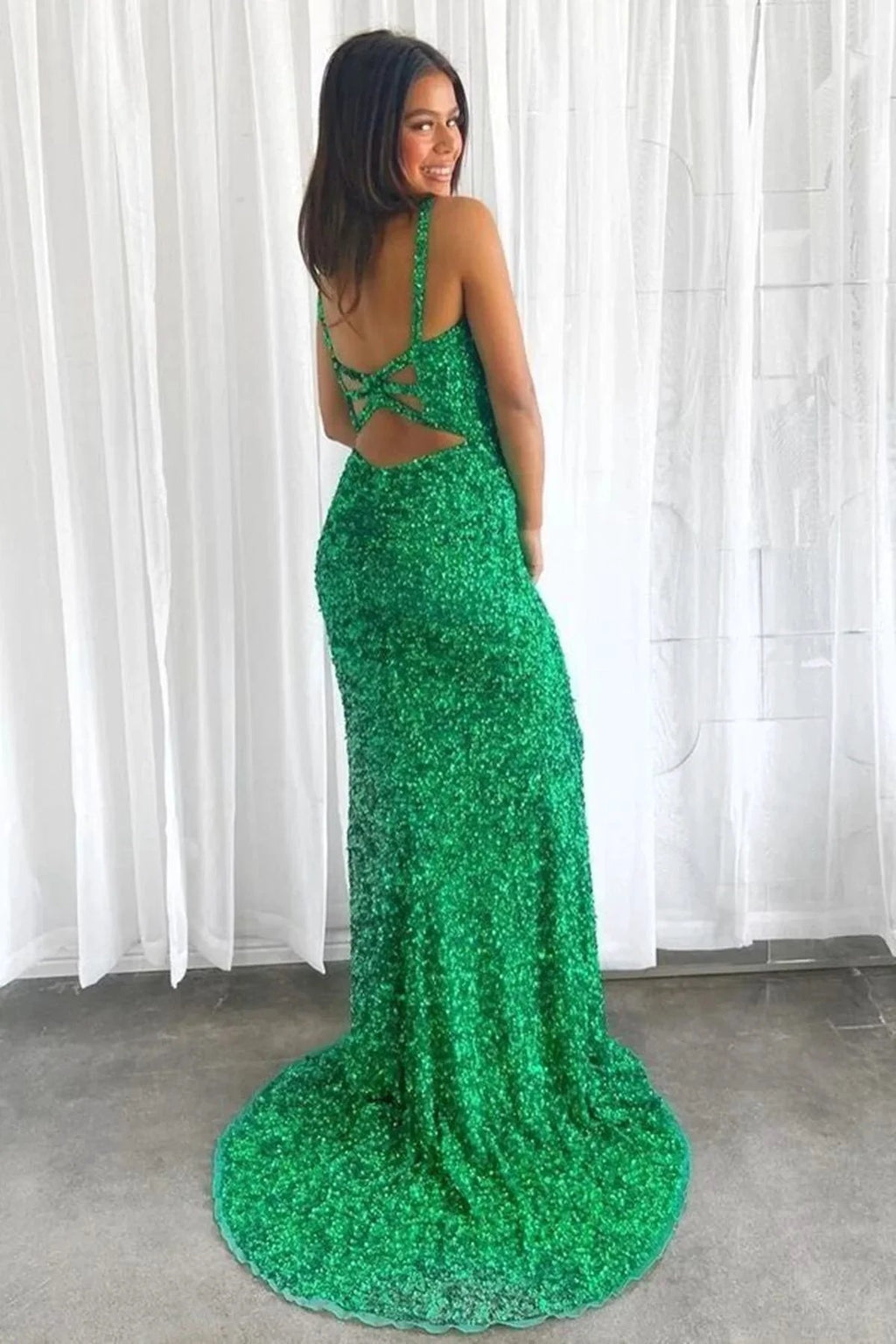 Long Mermaid V-neck Sequins Backless Prom Dress with Slit Green Formal Evening Gowns by BIZTUNNEL