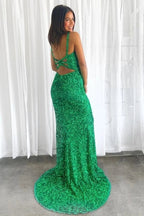 Long Mermaid V-neck Sequins Backless Prom Dress with Slit Green Formal Evening Gowns by BIZTUNNEL