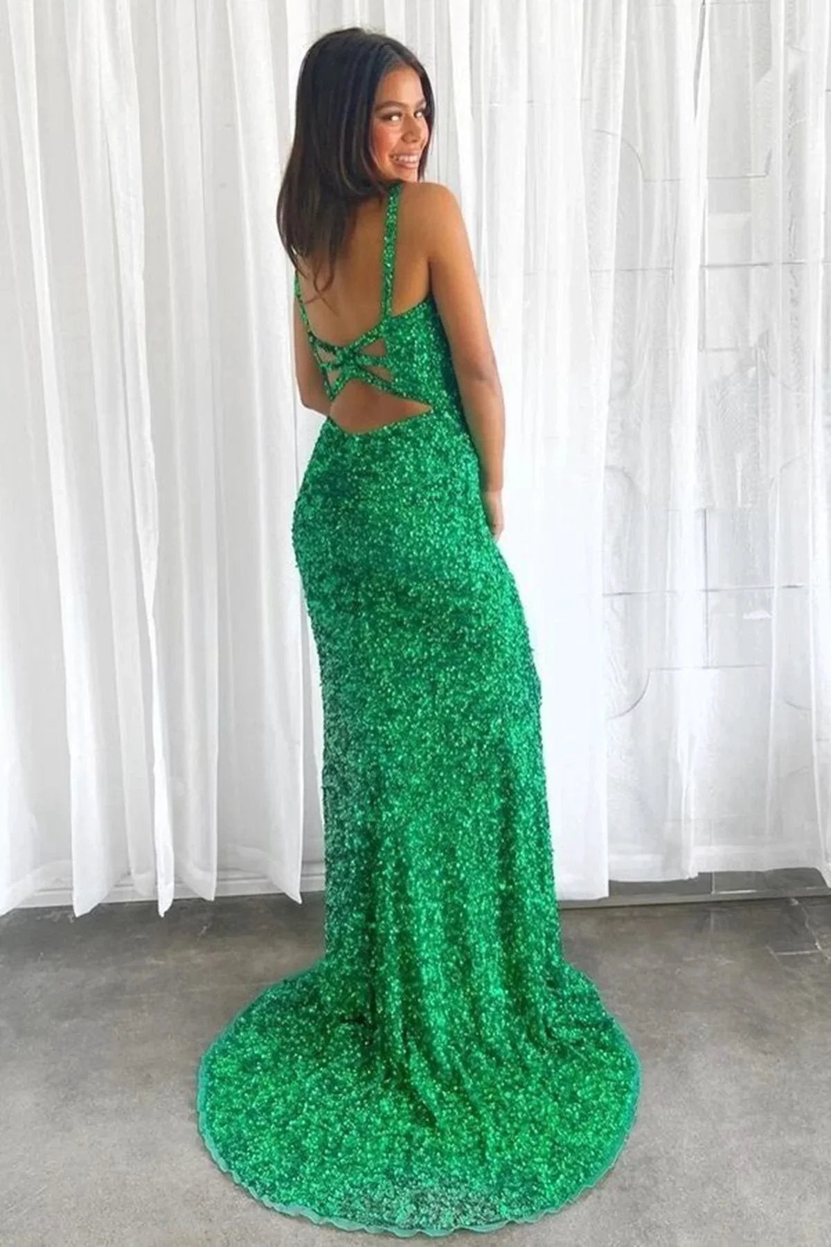 Long Mermaid V-neck Sequins Backless Prom Dress with Slit Green Formal Evening Gowns by BIZTUNNEL