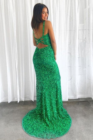 Long Mermaid V-neck Sequins Backless Prom Dress with Slit Green Formal Evening Gowns