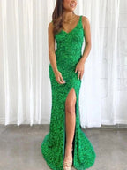 Long Mermaid V-neck Sequins Backless Prom Dress with Slit Green Formal Evening Gowns by BIZTUNNEL