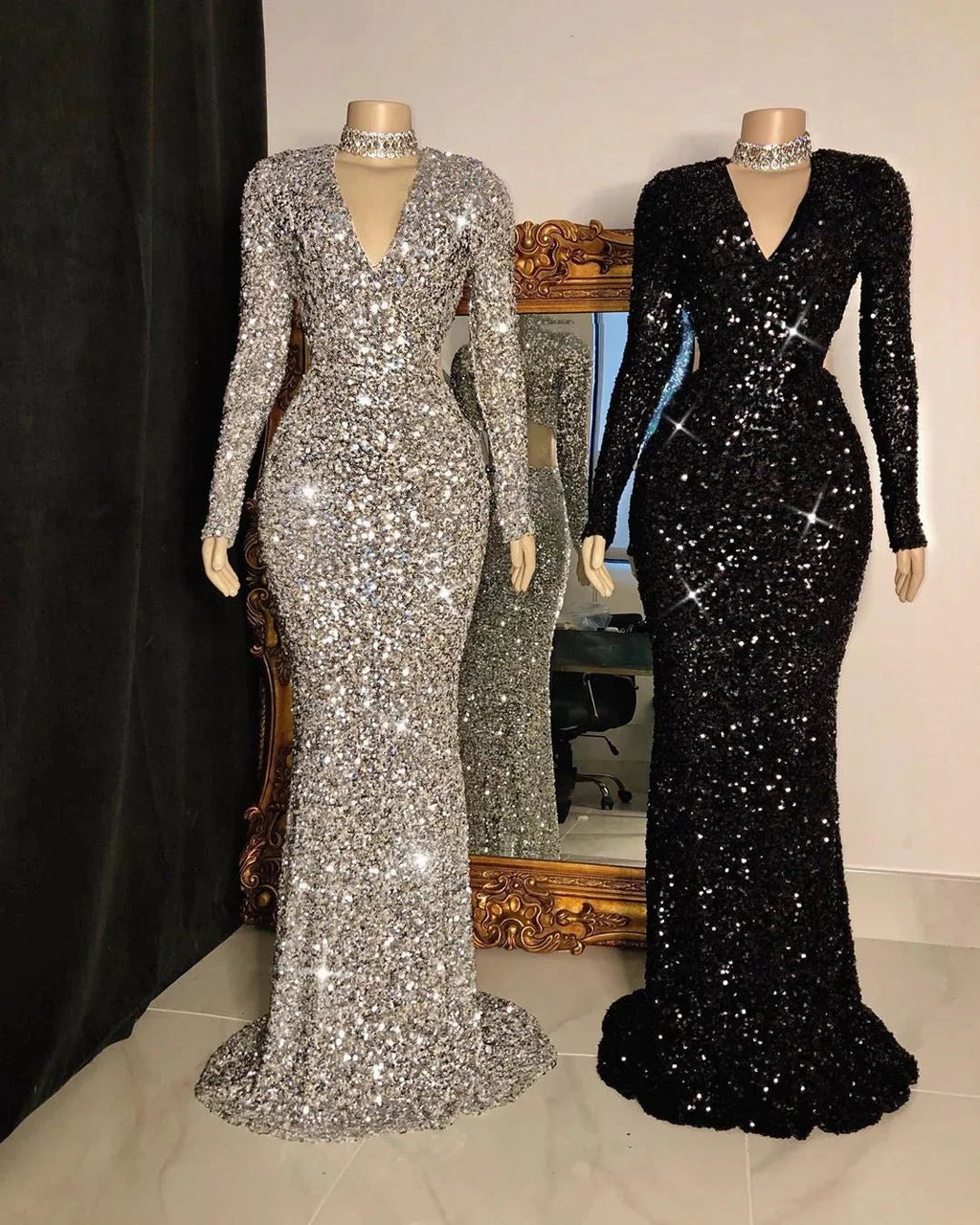 Long Mermaid V-neck Sequins Prom Dresses with Sleeves by BIZTUNNEL