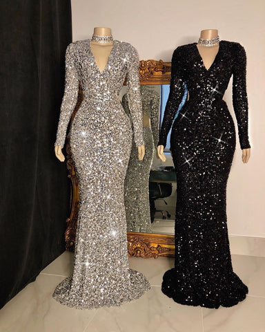 Vestidos de fiesta largos de sirena con escote en V, lentejuelas y mangas