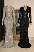 Long Mermaid V-neck Sequins Prom Dresses with Sleeves by BIZTUNNEL