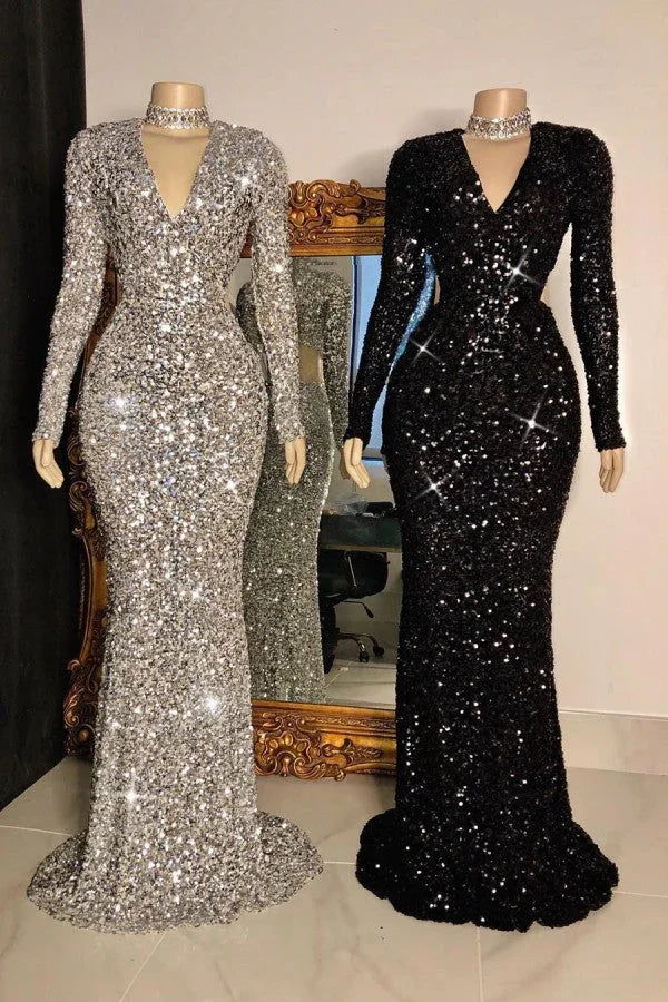 Long Mermaid V-neck Sequins Prom Dresses with Sleeves by BIZTUNNEL