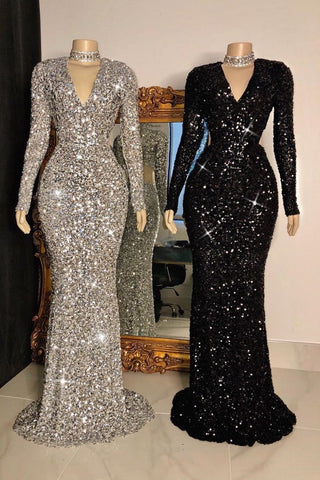 Vestidos de fiesta largos de sirena con escote en V, lentejuelas y mangas