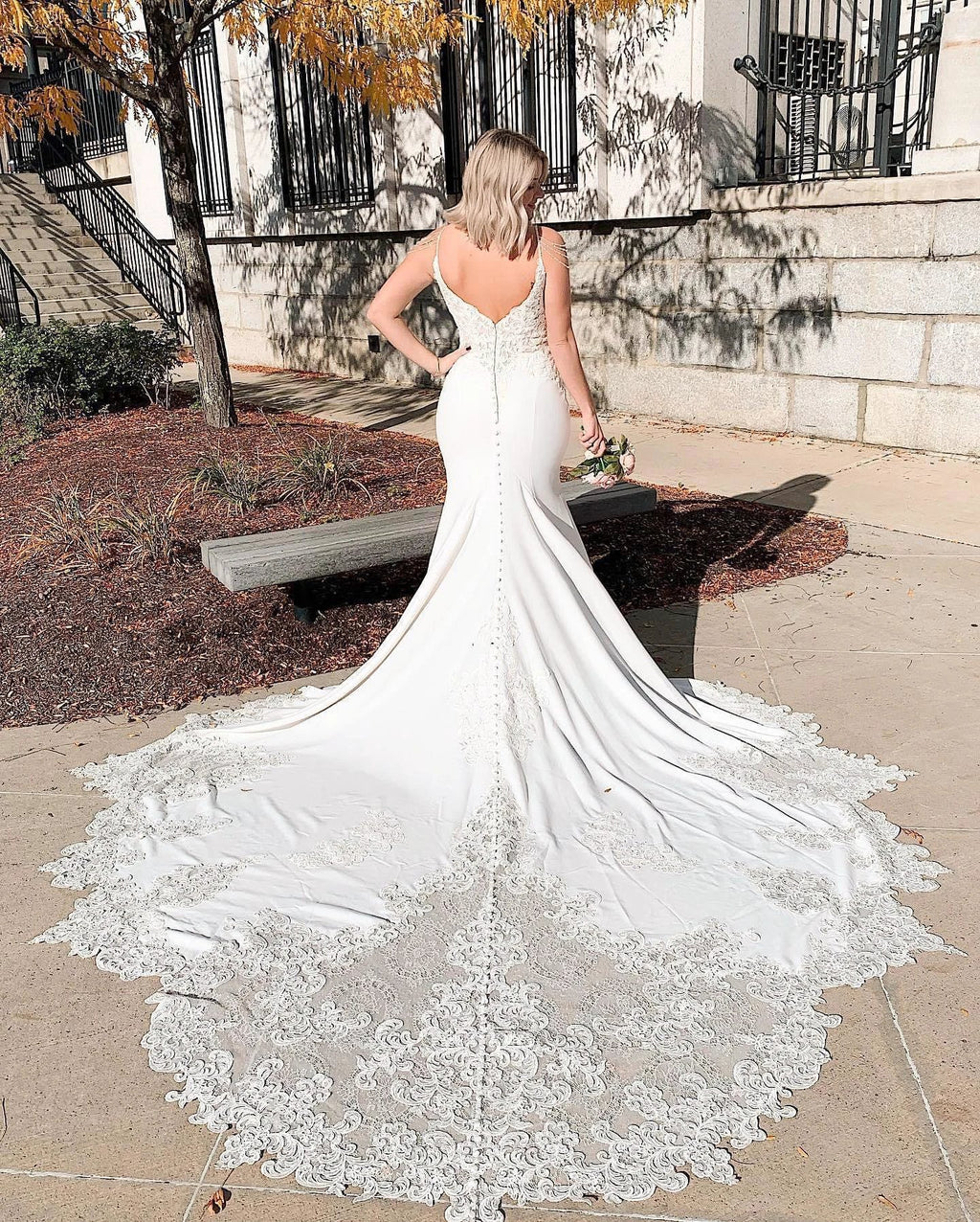 Long Mermaid V-neck Spaghetti Straps Appliques Lace Backless Wedding Dress by BIZTUNNEL