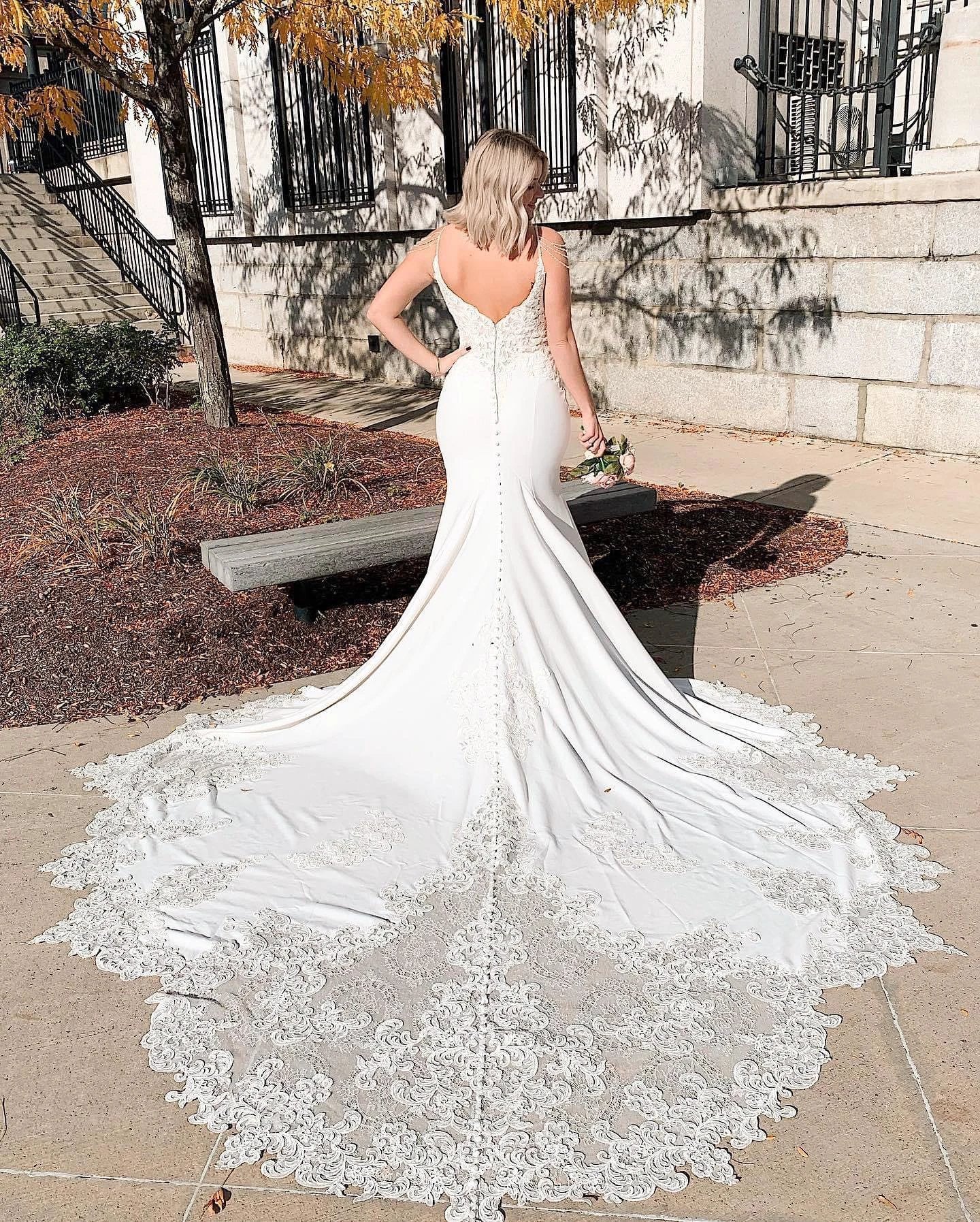Long Mermaid V-neck Spaghetti Straps Appliques Lace Backless Wedding Dress by BIZTUNNEL