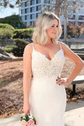 Long Mermaid V-neck Spaghetti Straps Appliques Lace Backless Wedding Dress by BIZTUNNEL