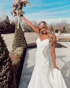 Long Mermaid V-neck Spaghetti Straps Appliques Lace Wedding Dress by BIZTUNNEL