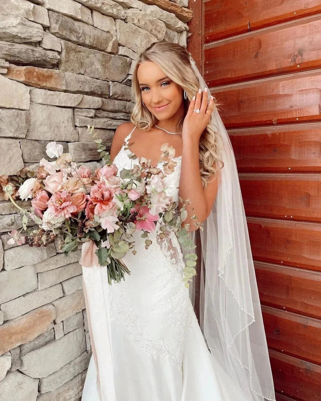 Long Mermaid V-neck Spaghetti Straps Appliques Lace Wedding Dress by BIZTUNNEL