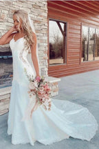 Long Mermaid V-neck Spaghetti Straps Appliques Lace Wedding Dress by BIZTUNNEL