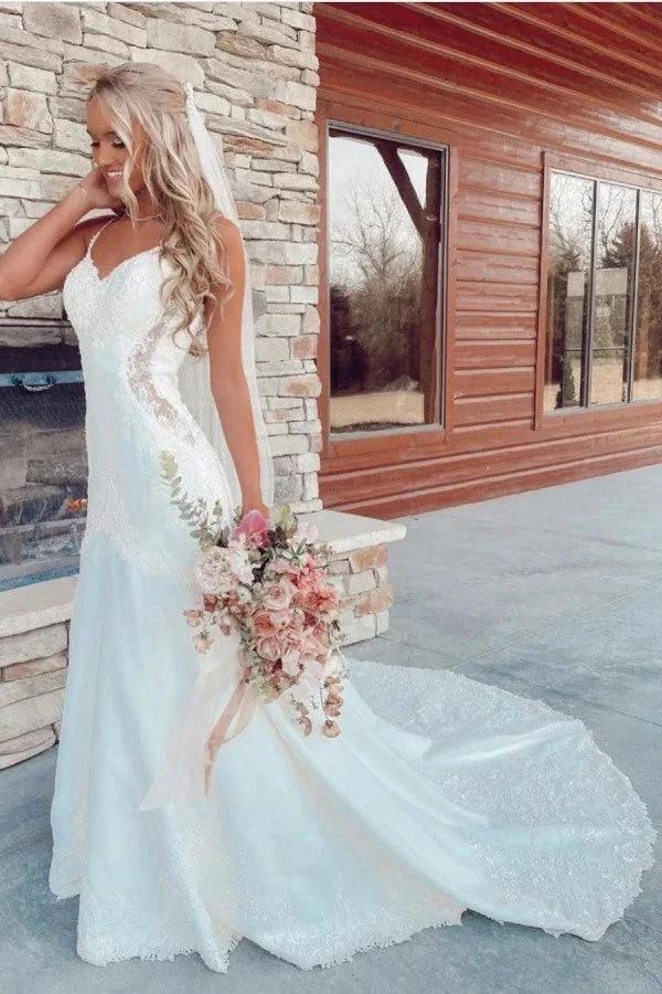 Long Mermaid V-neck Spaghetti Straps Appliques Lace Wedding Dress by BIZTUNNEL