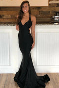 Long Mermaid V-neck Spaghetti Straps Backless Black Prom Dress by BIZTUNNEL