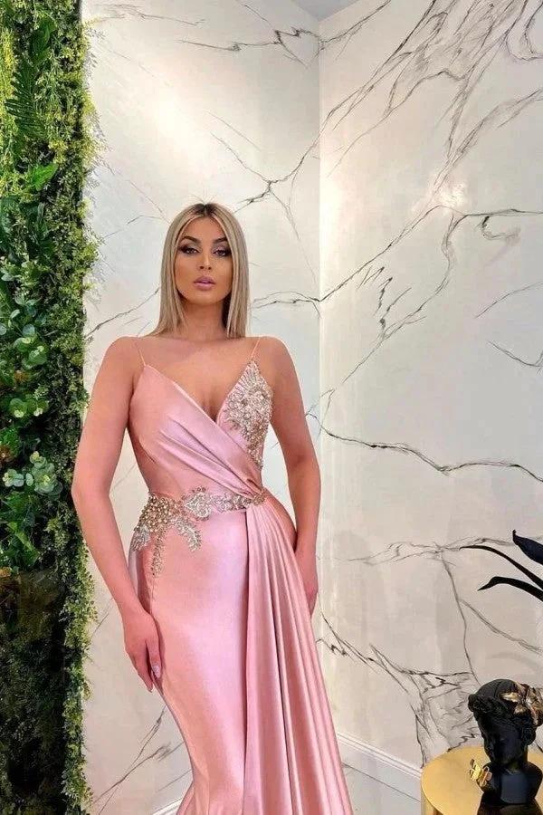 Long Mermaid V-neck Spaghetti Straps Glitter Pink Prom Dresses by BIZTUNNEL
