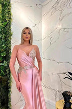 Long Mermaid V-neck Spaghetti Straps Glitter Pink Prom Dresses by BIZTUNNEL