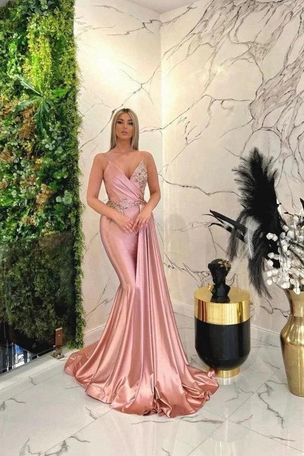 Long Mermaid V-neck Spaghetti Straps Glitter Pink Prom Dresses by BIZTUNNEL
