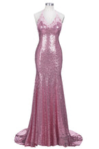 Long Mermaid V-neck Spaghetti Straps Pink Sequined Backless Prom Dress by BIZTUNNEL