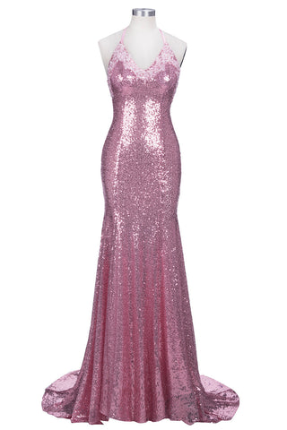 Vestido de fiesta largo de sirena con escote en V, tirantes finos, lentejuelas rosas y espalda descubierta