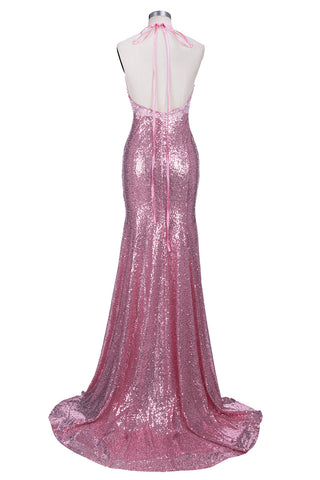 Vestido de fiesta largo de sirena con escote en V, tirantes finos, lentejuelas rosas y espalda descubierta