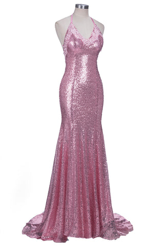 Vestido de fiesta largo de sirena con escote en V, tirantes finos, lentejuelas rosas y espalda descubierta