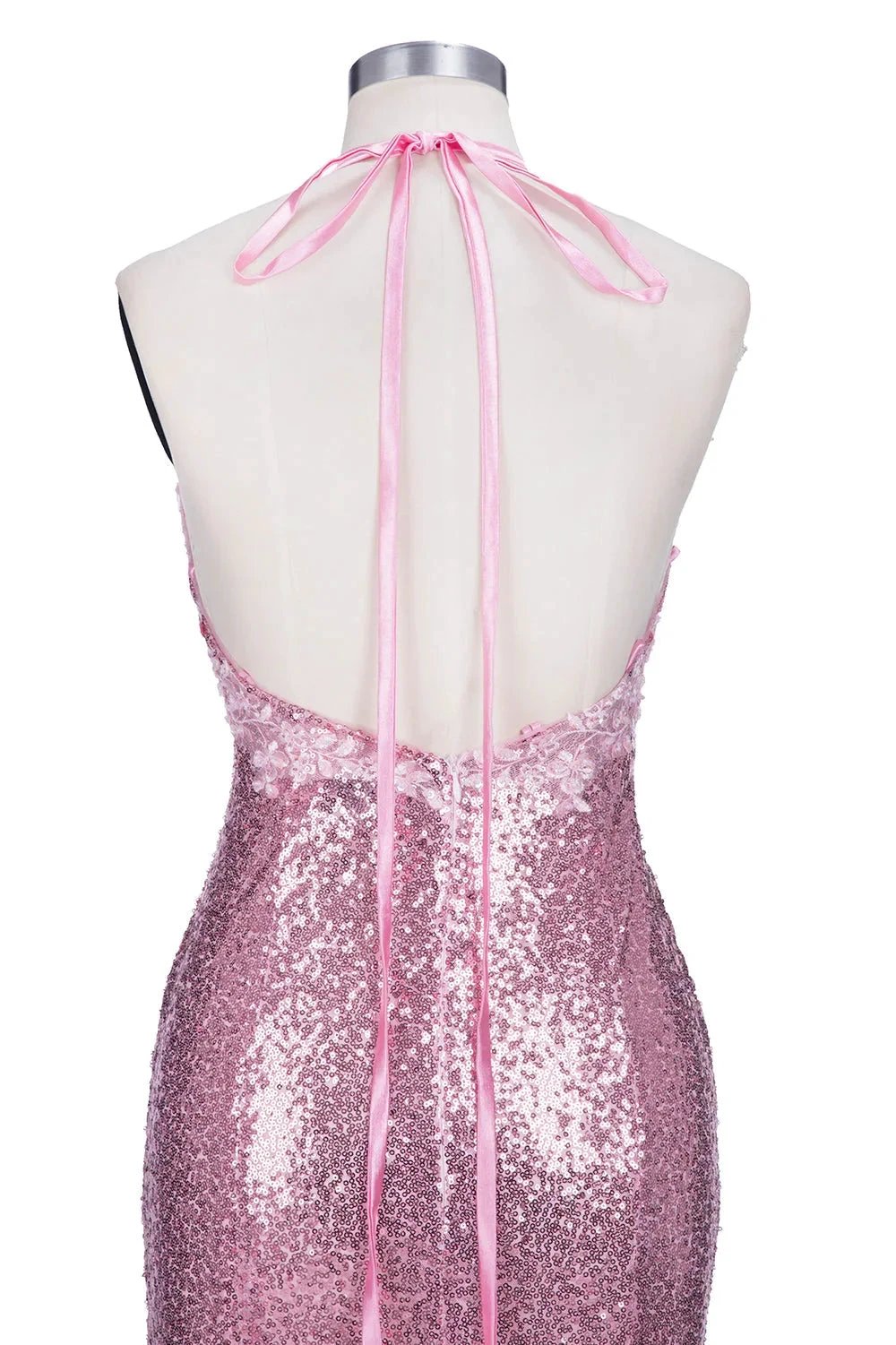 Long Mermaid V-neck Spaghetti Straps Pink Sequined Backless Prom Dress by BIZTUNNEL