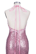 Long Mermaid V-neck Spaghetti Straps Pink Sequined Backless Prom Dress by BIZTUNNEL