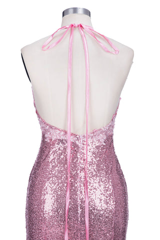 Vestido de fiesta largo de sirena con escote en V, tirantes finos, lentejuelas rosas y espalda descubierta