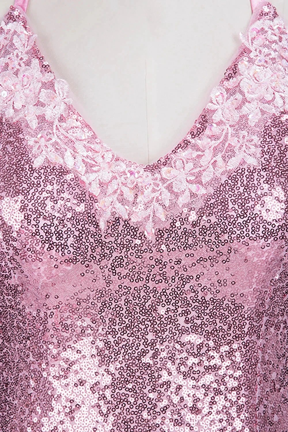 Long Mermaid V-neck Spaghetti Straps Pink Sequined Backless Prom Dress by BIZTUNNEL