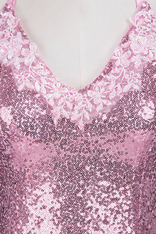 Vestido de fiesta largo de sirena con escote en V, tirantes finos, lentejuelas rosas y espalda descubierta