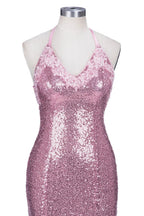 Long Mermaid V-neck Spaghetti Straps Pink Sequined Backless Prom Dress by BIZTUNNEL