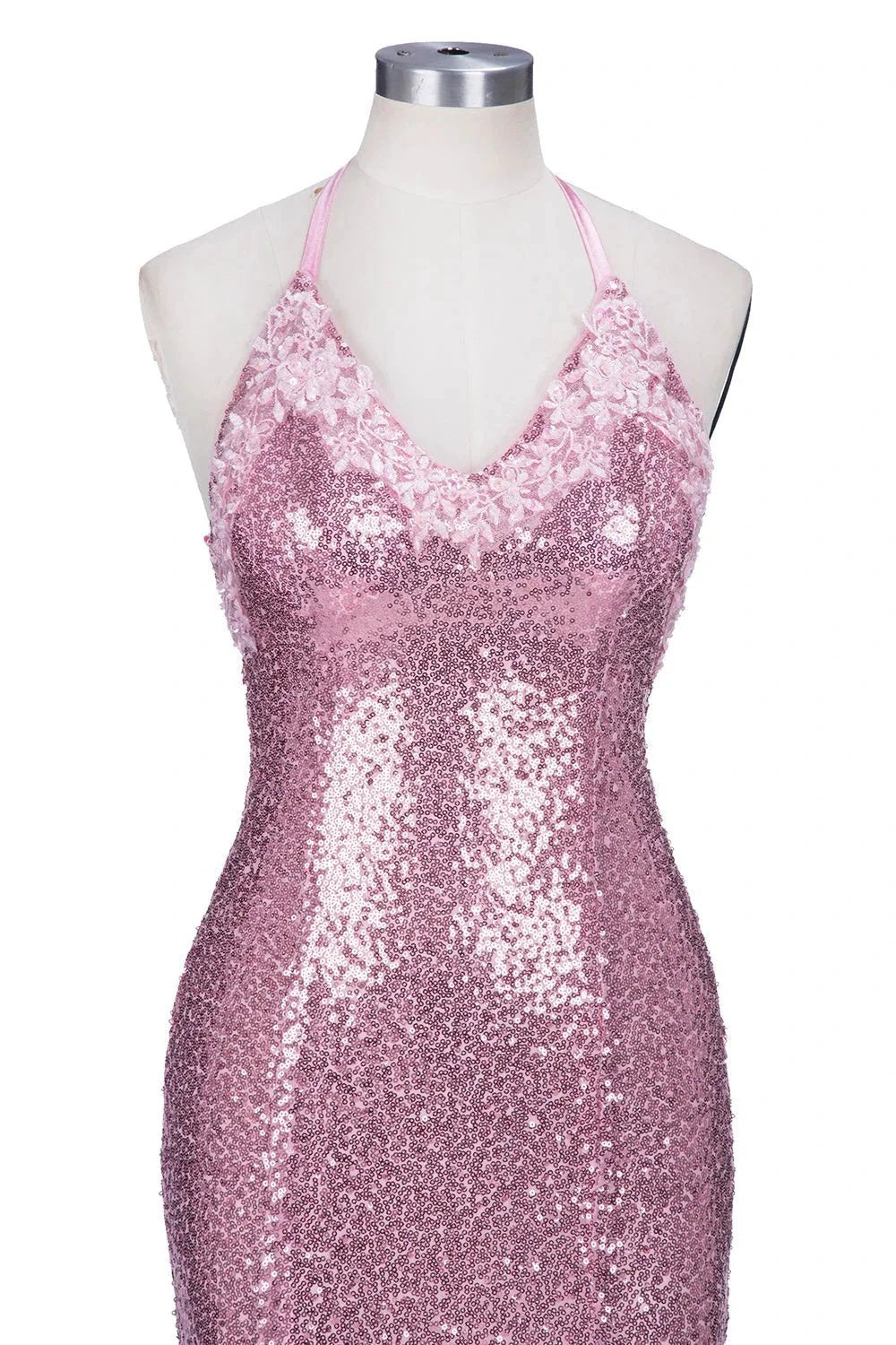 Long Mermaid V-neck Spaghetti Straps Pink Sequined Backless Prom Dress by BIZTUNNEL