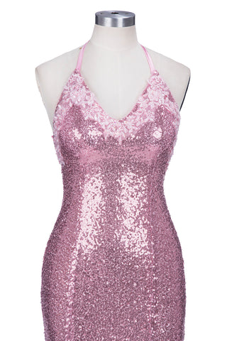 Vestido de fiesta largo de sirena con escote en V, tirantes finos, lentejuelas rosas y espalda descubierta