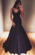 Long Mermaid V-neck Spaghetti Straps Sequined Prom Dress by BIZTUNNEL