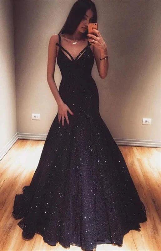 Long Mermaid V-neck Spaghetti Straps Sequined Prom Dress by BIZTUNNEL