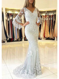 Long Mermaid V Neck Sweep Brush Train Lace Tulle Prom Dress with Sleeves by BIZTUNNEL