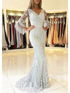 Long Mermaid V Neck Sweep Brush Train Lace Tulle Prom Dress with Sleeves by BIZTUNNEL