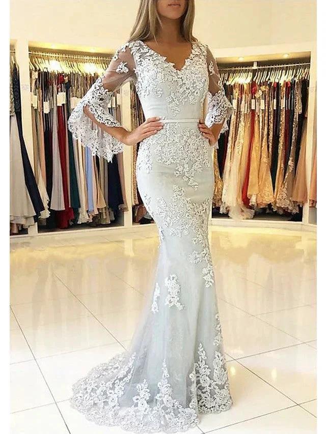 Long Mermaid V Neck Sweep Brush Train Lace Tulle Prom Dress with Sleeves by BIZTUNNEL