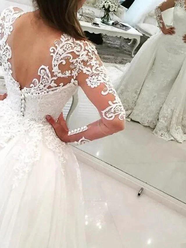 Long Mermaid V Neck Sweep Brush Train Lace Tulle Wedding Dresses with Sleeves by BIZTUNNEL