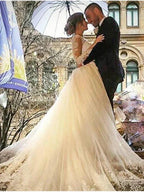 Long Mermaid V Neck Sweep Brush Train Lace Tulle Wedding Dresses with Sleeves by BIZTUNNEL